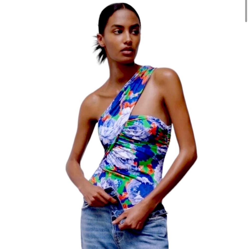 Zara Eclectic One Sleeve Floral Asymmetric Bodysuit size medium NWT